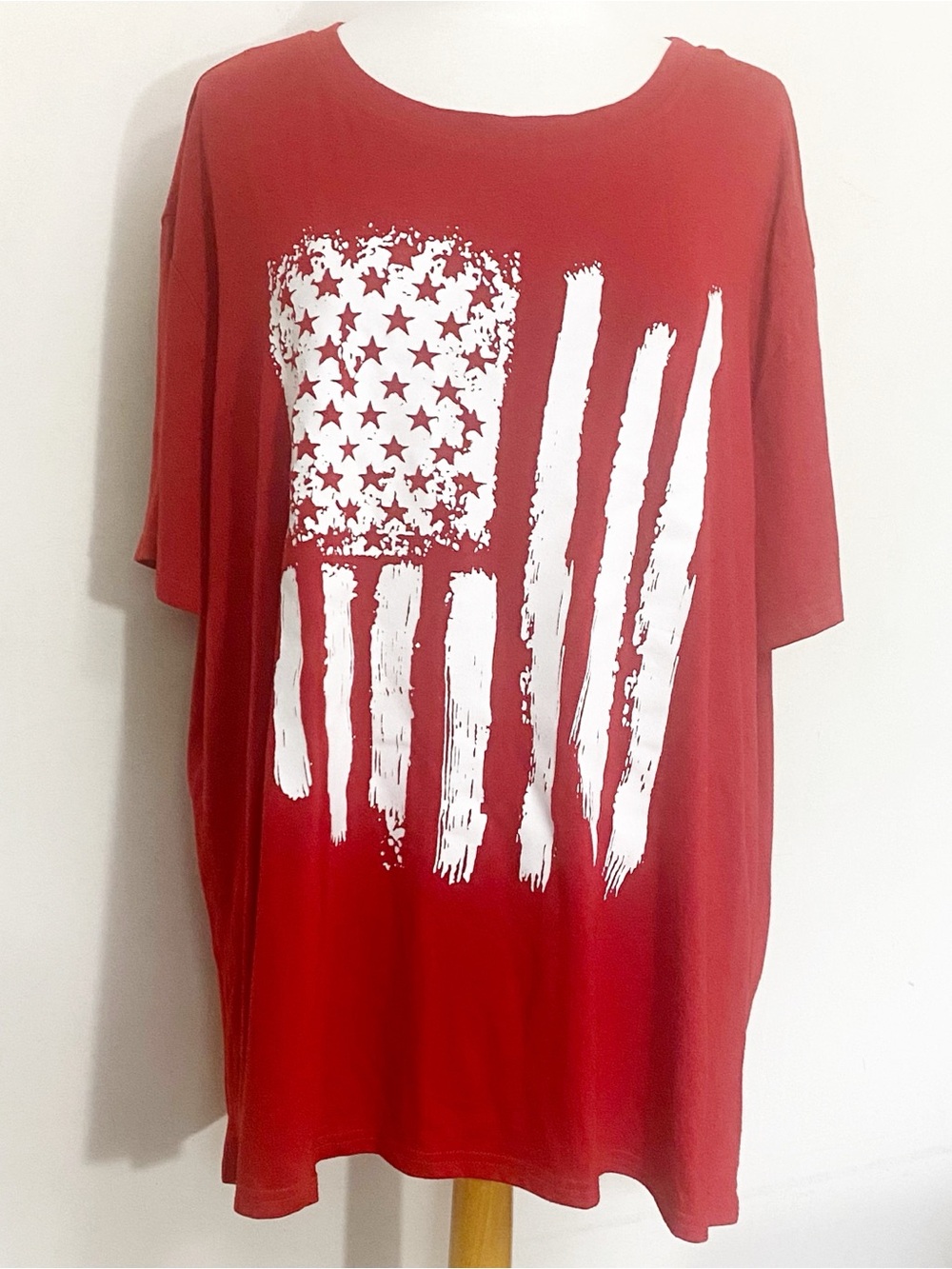 Red Graphic Tee with Patriotic USA Flag Print Cotton Blend Longer Length 3X